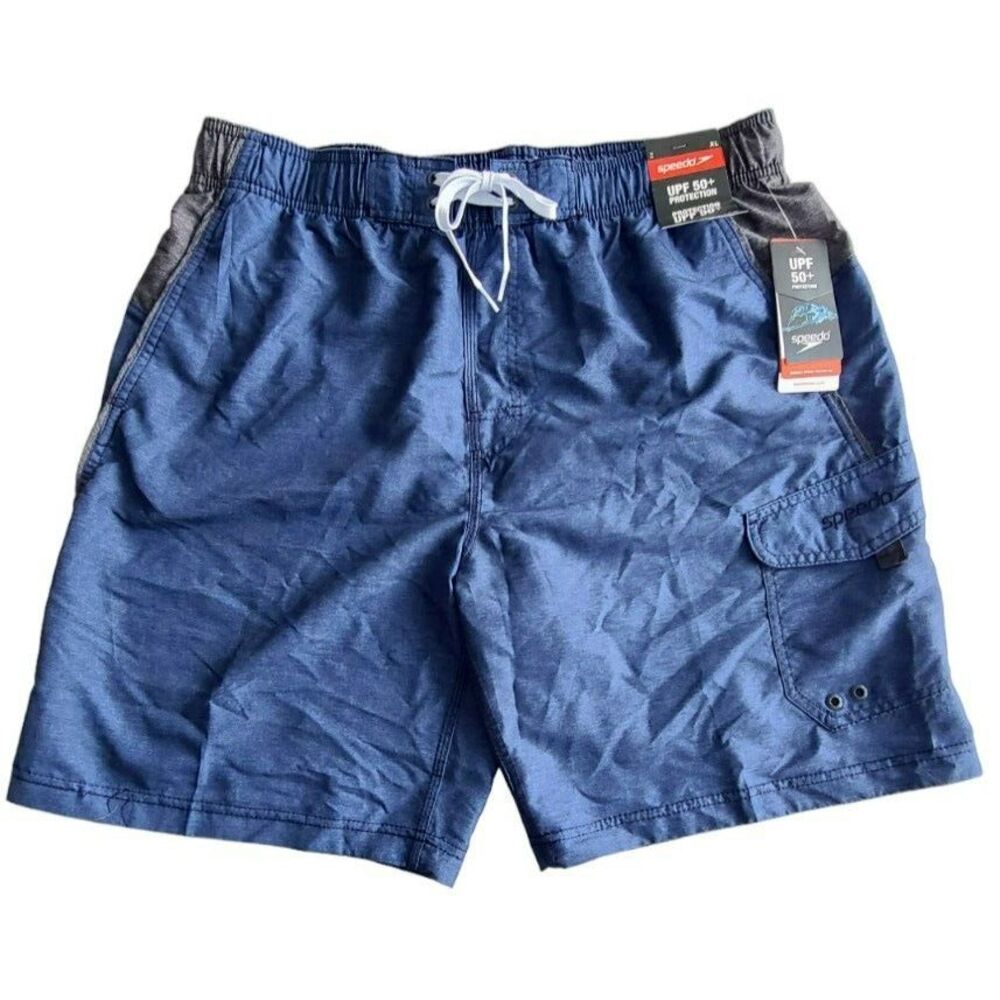 Speedo Marina Sport Volley Swim Trunks Navy Gray XL UPF 50+ Cargo Pocket